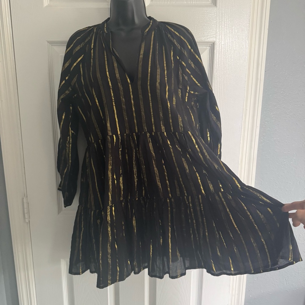 AREA Black and Gold Relaxed Tiered Mini Dress - Size S